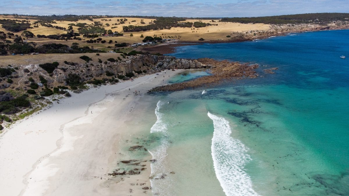 Aerial view of Stokes Bay in bright sunlight against at Kangaroo Island, Australia