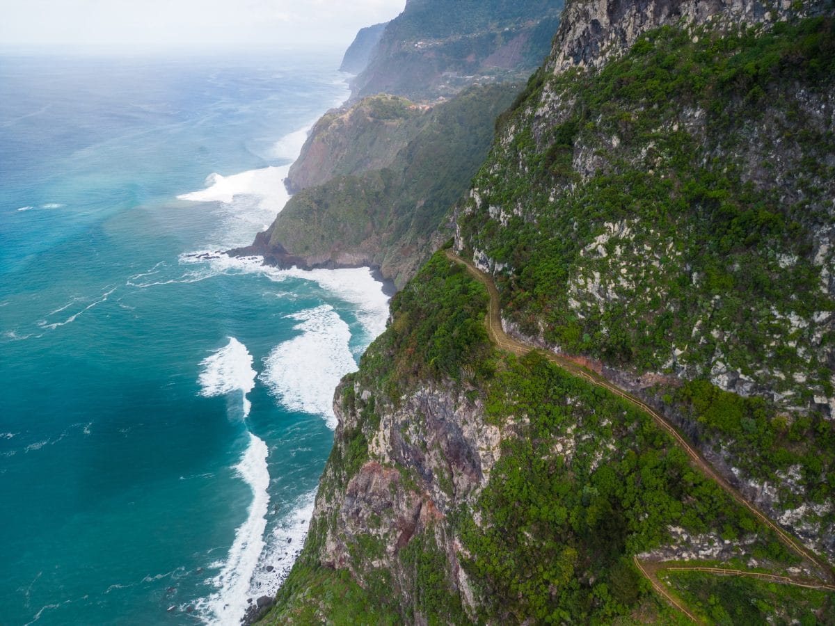 Areal view of Beautiful green rocks and the Atlantic Ocean, Madeira coast, Portugal