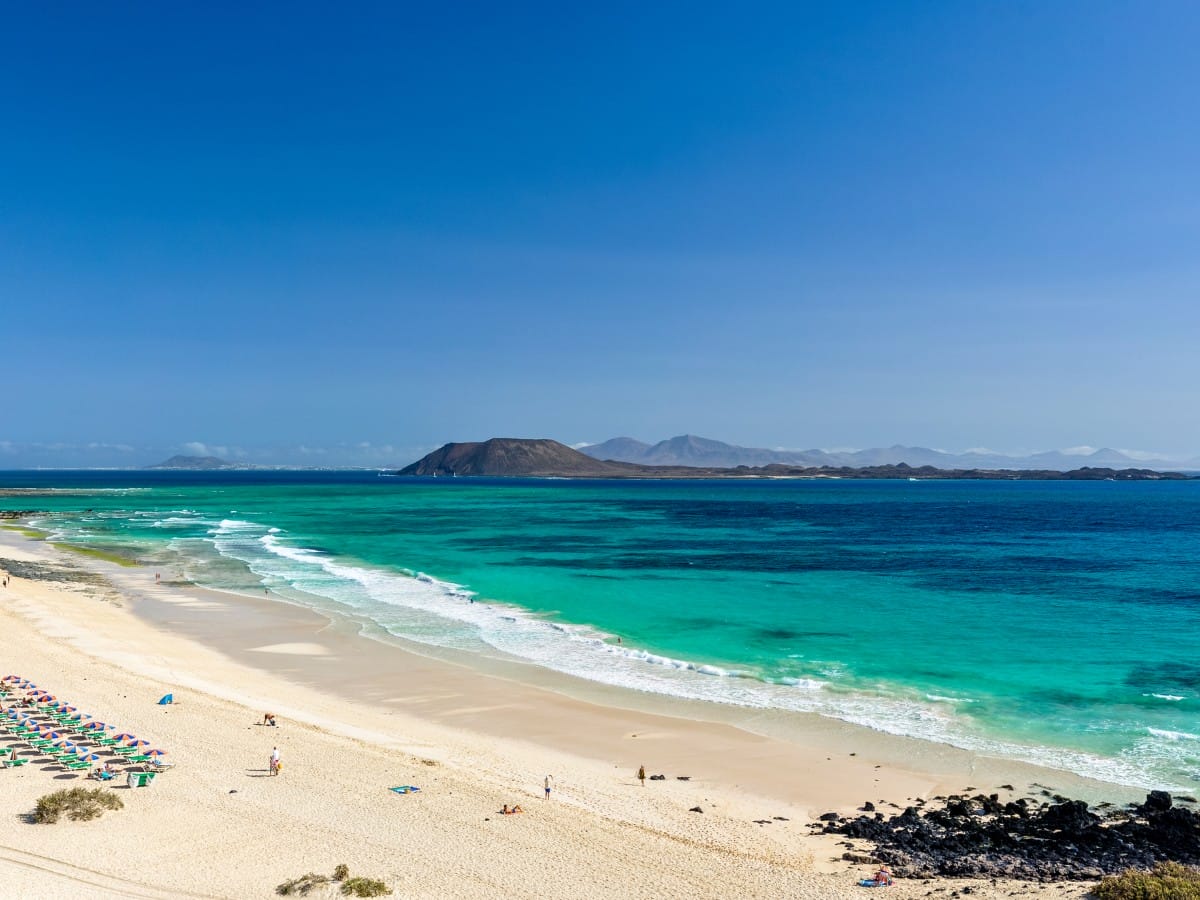 The island of Los Lobos across the strait from Flag Beach