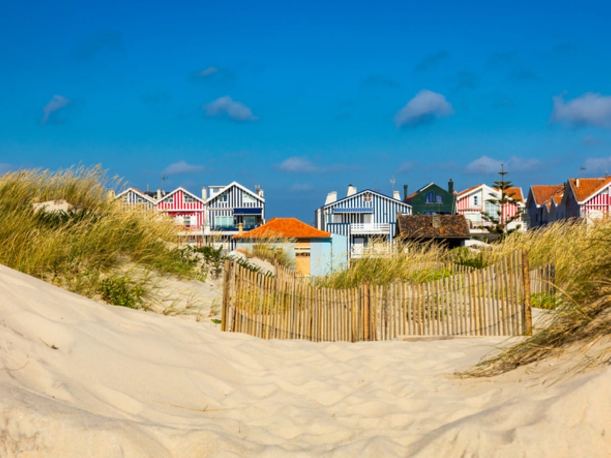 Colorful houses in Costa Nova behind the beach